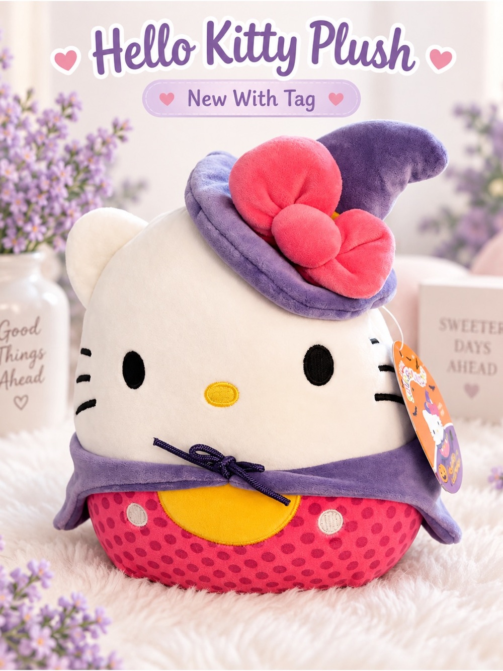 Hello Kitty Plush Witch Hat Toy in Purple, Pink, White, Yellow